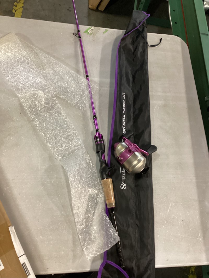 Condition photo showing As Is for sougayilang spincast reel and fishing rod combo, 5-foot 9-inch durable carbon rod, quickset anti-reverse fishing reel with mono line purple 6.9ft