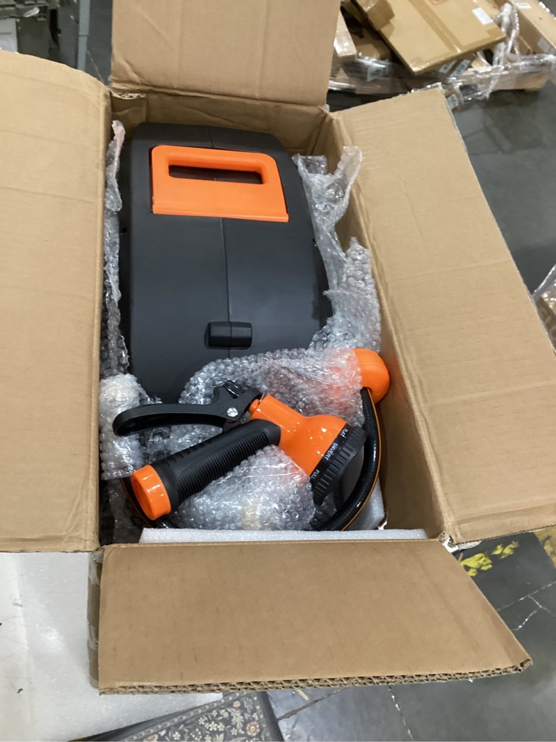 Condition photo showing Good Condition for retractable garden hose reel, 1/2 in x 65 ft wall mounted hose reel heavy duty with 10-function sprayer nozzle, any length lock, slow return system, 180°swivel bracke for large yard lawn car washing 65ft