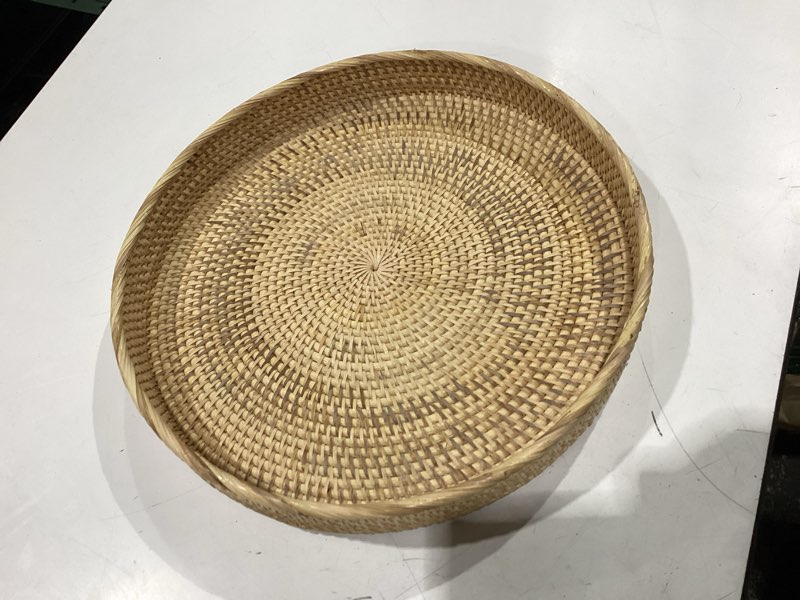 Condition photo showing New/Like New for round rattan tray 13.5" — hand-woven wicker tray for home decor (natural rattan color) natural 13.5"