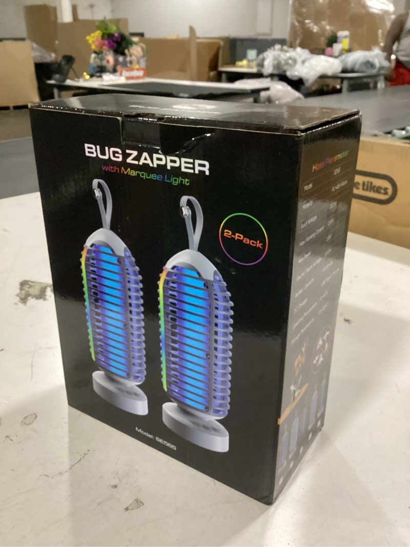 Condition photo showing New/Like New for (2 pack) bug zapper outdoor with marquee light, cordless mosquito zapper, 4000mah rechargeable bug zapper indoor, auto on/off waterproof mosquito trap fly zapper for patio backyard kitchen camping black 2