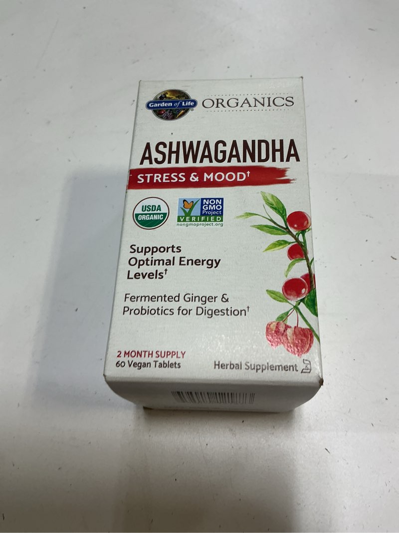 Condition photo showing New/Like New for (BBD 03/2026). Garden of Life Organic Ashwagandha Supplement with Probiotics & Ginger - Stress, Mood & Energy Support, Vegan, Gluten Free, Non GMO, 2 Month Supply, 60 Tablets
