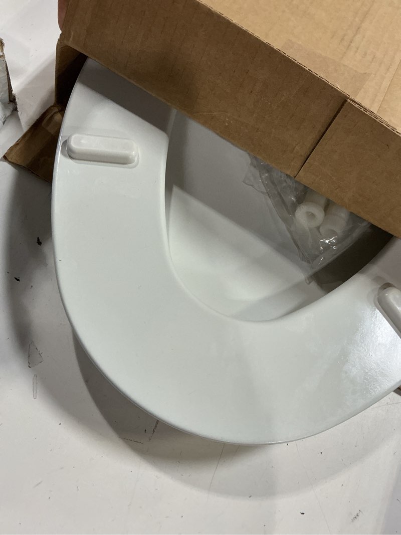Condition photo showing As Is for mayfair cassel slow close toilet seat, easy clean, non slip premium wood seat, easy install, made in usa, elongated, white elongated 1 - toilet seat