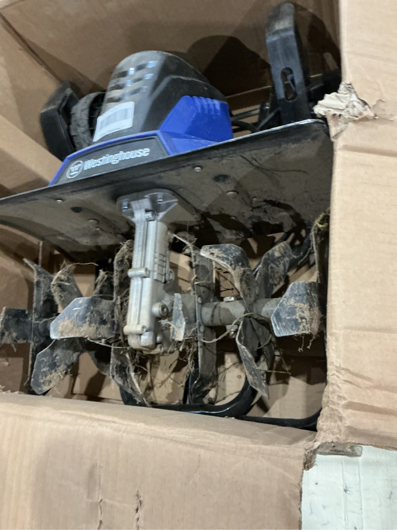 Condition photo showing As Is for westinghouse 18-inch, 15 amp corded electric tiller cultivator for gardening with 6 steel blades 18 in. tiller