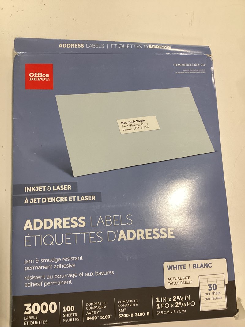 Condition photo showing New/Like New for Office Depot White Inkjet/Laser Address Labels, 1in. x 2 5/8in, Box Of 3,000, 505-O004-0004