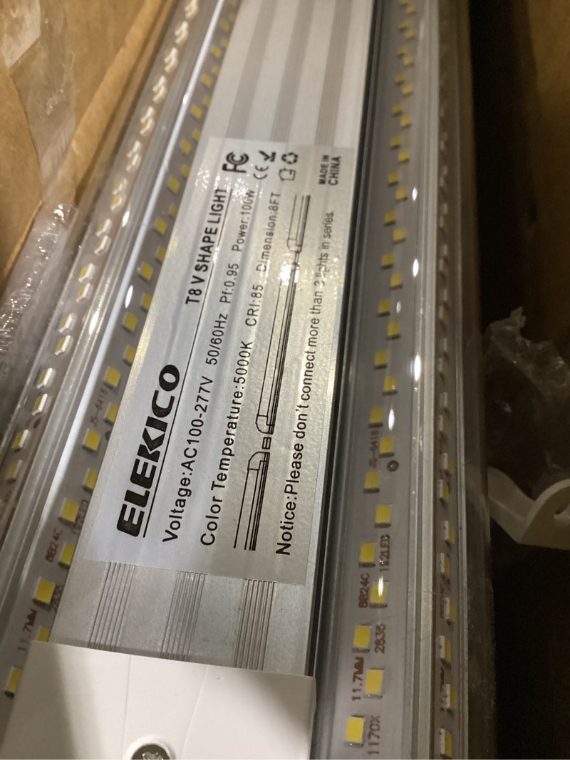 Condition photo showing As Is for 6 pack 100w 8ft led shop light, super bright 15000lm 5000k v shape 8' led shop lights, linkable 8 foot led shop lights for garage warehouse, supermarket, basement, barn, storage area 8ft-100w-6apck