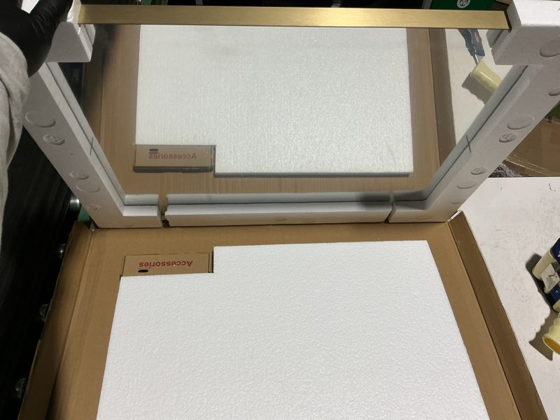 Condition photo showing Good Condition for LOAAO 22”X30” Gold Bathroom Mirror, Rounded Rectangle Gold Frame Mirror, Brushed Gold Bathroom Vanity Mirror Wall-Mounted, Anti-Rust, Hangs Horizontally or Vertically Gold 22"L x 30"W