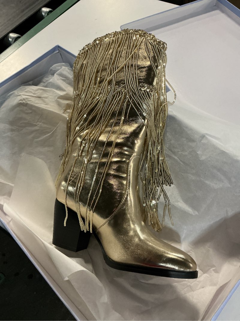 Condition photo showing Good Condition for (size 6)women's fringe cowboy boots metallic boots western women's mid-calf cowgirl boots with pointed toes and chunky heels, suitable for parties and parties