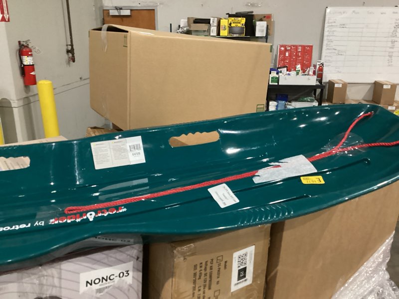 Condition photo showing As Is for retrospec retrorider plastic snow sled – toboggan style with pull rope, cold-resistant coating, and hard bottom for smooth downhill rides – available in 35" and 48" sizes for kids and adults 2-pack brrgundy 35"
