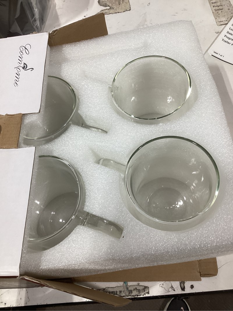 Condition photo showing New/Like New for double walled glass coffee mugs 16 oz, borosilicate glass coffee cups set of 4 with spoons, insulated clear coffee mug for hot beverages, cappuccino, latte, tea bag. 16 oz - 4 pack
