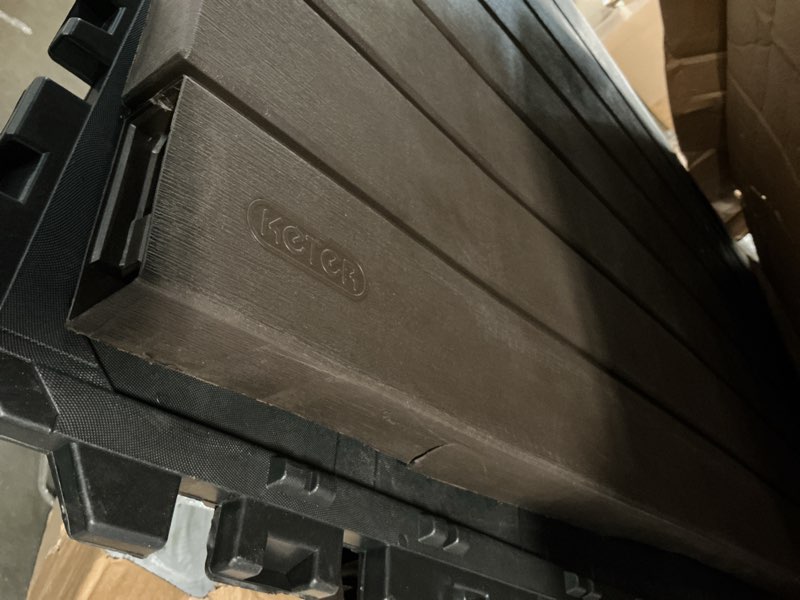 Condition photo showing As Is for keter 230-gallon xxl deck box, brown:- brown