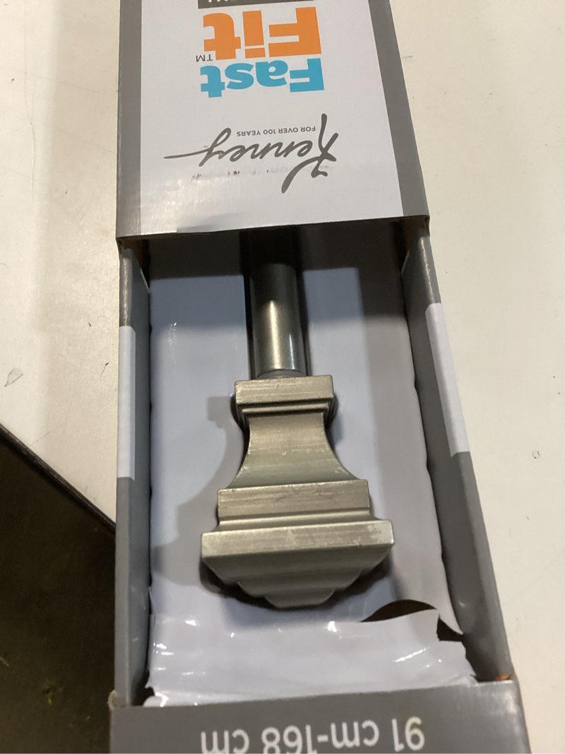 Condition photo showing New/Like New for kenney kn75244 fast fit easy install milton square end decorative window curtain rod, 36-66" adjustable length, pewter finish, 5/8" diameter steel tube curtain rod 36-66"