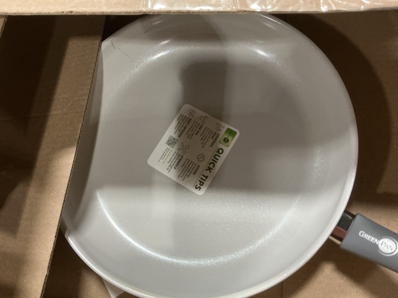 Condition photo showing As Is for GreenPan Dover Healthy Ceramic Nonstick, 12" Frying Pan Skillet, PFAS-Free, Dishwasher Safe, Comfort Grip Handle, Grey