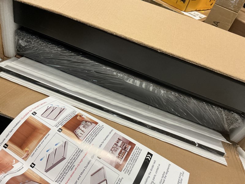 Condition photo showing Good Condition for 2 Pack Pull out Cabinet Organizer 21" Deep With Raising Pad for Framed Cabinets, Expandable (9"-14" W) Slide out Drawers for Kitchen Cabinets with 4pcs Divider Racks, Roll out Shelves, Black Black 9"-14"W x 21"D(2Pack)