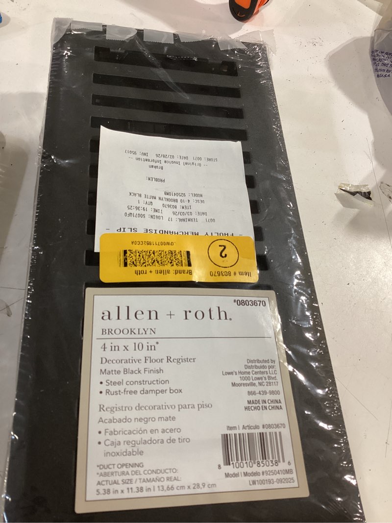 Condition photo showing Good Condition for allen + roth 4-in x 10-in maximum airflow steel matte black brooklyn design floor register