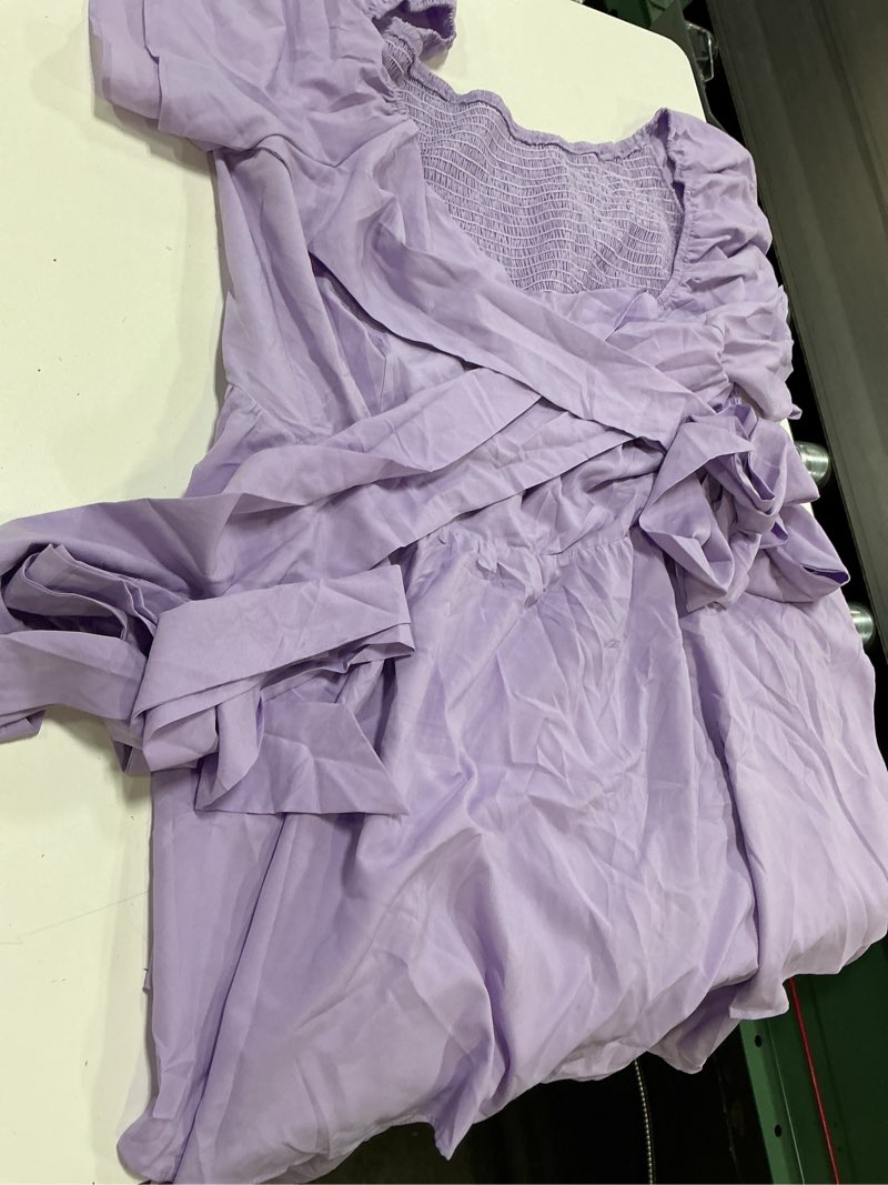 Condition photo showing New/Like New for rooscier women's tie back wrap v neck flowy ruffle hem a line short sleeve mini dress xx-large violet