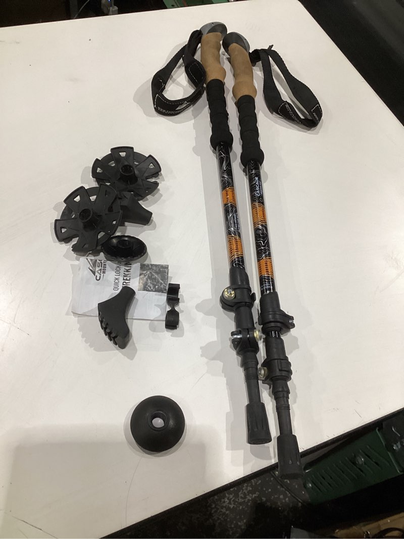 Condition photo showing As Is for Cascade Mountain Tech Lightweight Aircraft-Grade Aluminum Trekking Poles with Extended Down Grip Plus Tip Kit Orange (Cork Grip) Quick Lock Trekking Poles