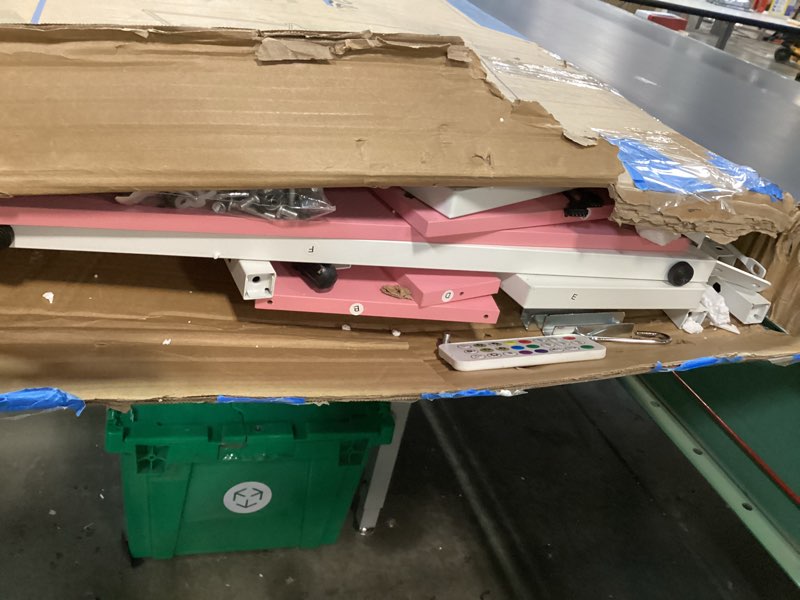 Condition photo showing As Is for Gaming Desk with Hutch and LED Lights, Gaming Computer Desk with Power Outlets, Gamer Desk with Storage Shelves, PC Game Desk with Pegboards for Bedroom, Carbon Fiber Pink, 49" 49" Carbon Fiber Pink