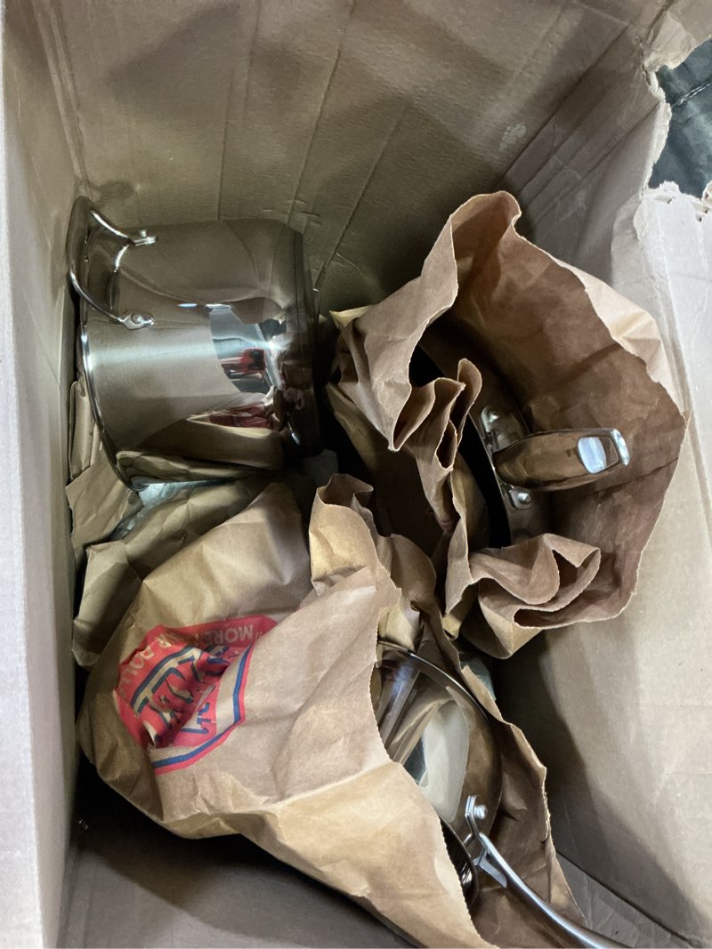 Condition photo showing Good Condition for amazon basics stainless steel cookware 7 piece set, oven safe, induction-ready, even heating, non toxic, stay-cool handles, pots and pans, all stovetops, glass lids, silver