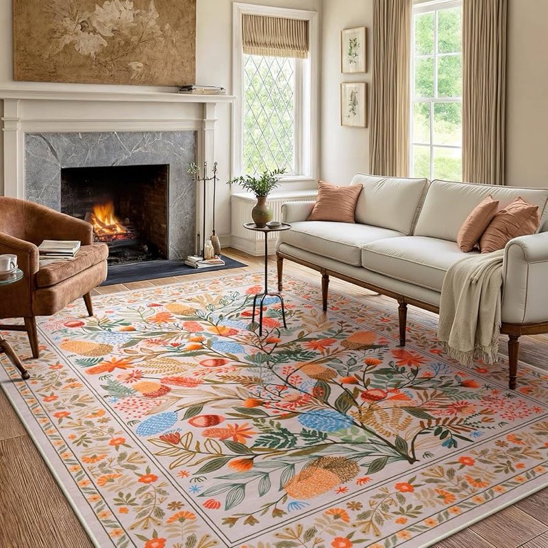 anidaroel colorful botanical area rugs 8x10, washable large rugs for living room non slip soft bedro