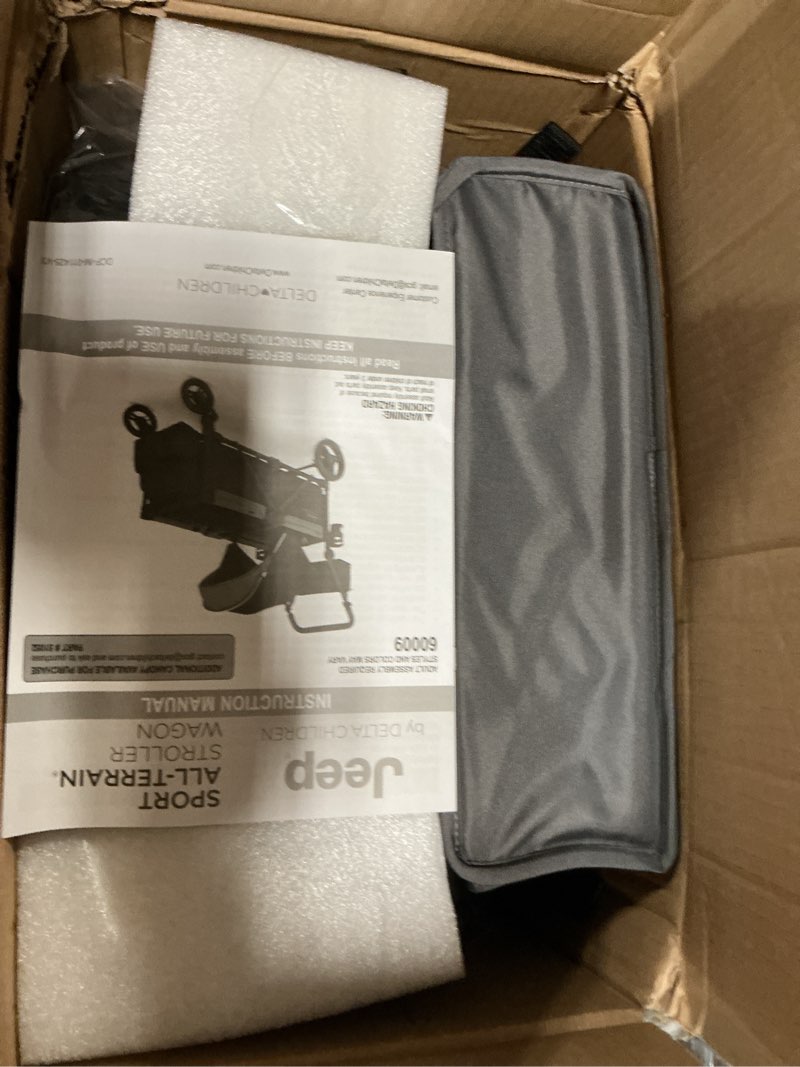 Condition photo showing Good Condition for jeep sport all-terrain stroller wagon by delta children - includes canopy, parent organizer, adjustable handlebar, snack tray & cup holders, grey/blue moon