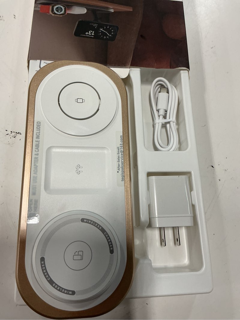 Condition photo showing Good Condition for 3 in 1 fast wireless charger stand for iphone, foldable travel charging station for magsafe for iphone 17/air/16/15/14/13/12 series, apple watch series, airpods pro/2/3/4, gifts for women men (golden)