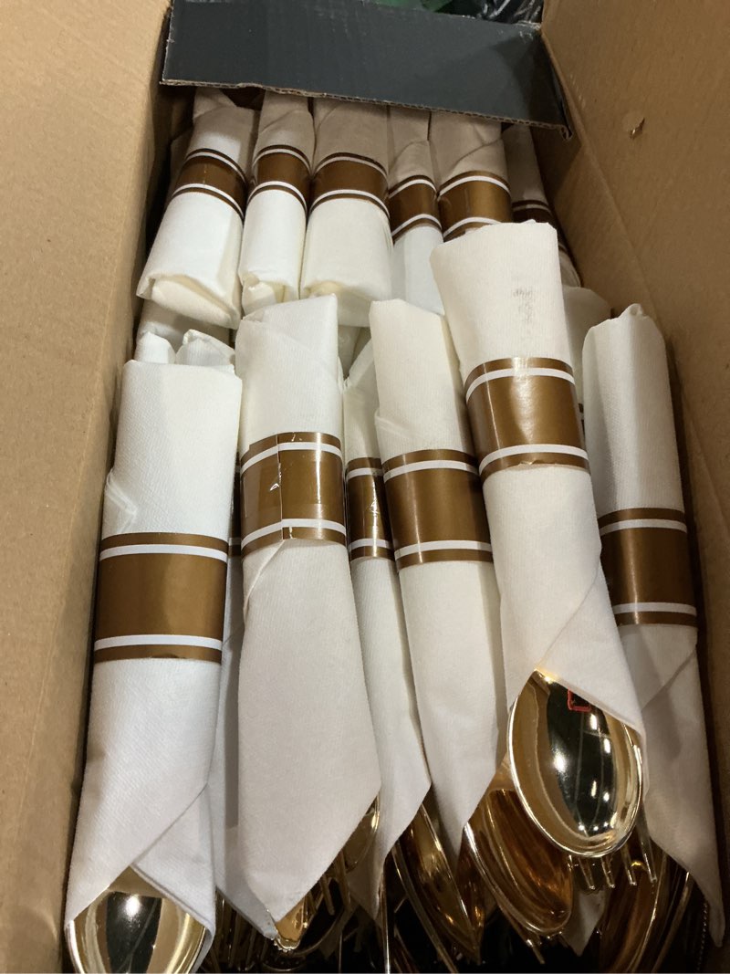 Condition photo showing New/Like New for supernal 120pack gold plastic silverware wrapped plastic cutlery set with napkin,pre rolled napkins with cutlery set,rolled silverware disposable for valentine's day mother's day and easter 120 pack gold