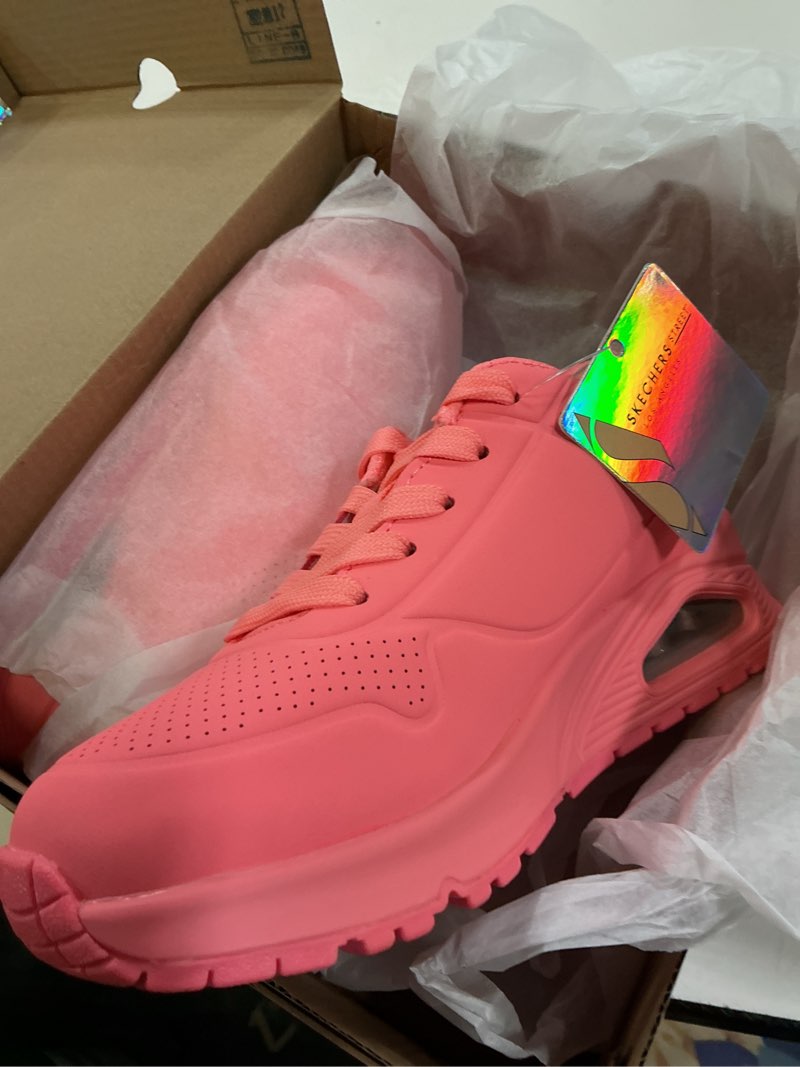 Condition photo showing New/Like New for skechers kids girls uno gen1 - neon glow sneaker, coral, 13 little kid