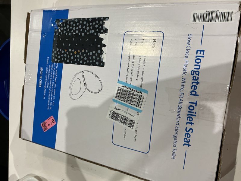 Condition photo showing New/Like New for toilet seat elongated, slow close hinges, four non-slip bumpers, easy to install and clean, durable plastic, white – two sets of mounting parts included elongated white - adult seat
