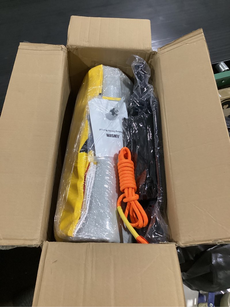 Condition photo showing New/Like New for inflatable floating dock for water activities, 6ft-15ft island raft | with non-slip surface, load capacity 450–1800 lbs, water platform for pool, lake, pond, beach, river & ocean activities 8 x 6 ft yellow