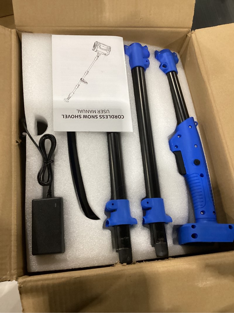 Condition photo showing As Is for Electric Cordless Snow Shovel, 14.4-Inch | 24V | 5.0Ah Brushless Cordless Snow Blower with Battery and Charger, 26ft Throwing Distance, 5000RPM/Min, Snow Removal for Driveway/Steps/Patio/Sidewalk Blue