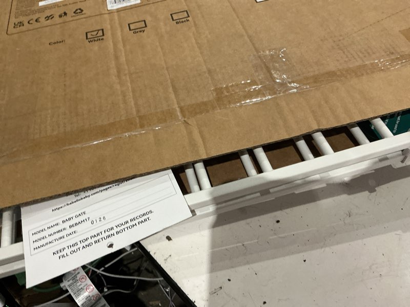 Condition photo showing As Is for babelio 31.5-55" no bottom bar baby gate extra wide, 2-in-1 auto close dog gate for the house, stairs and doorways, with large walk thru door, white *white 28" h, 31.5-55" w- extra wide