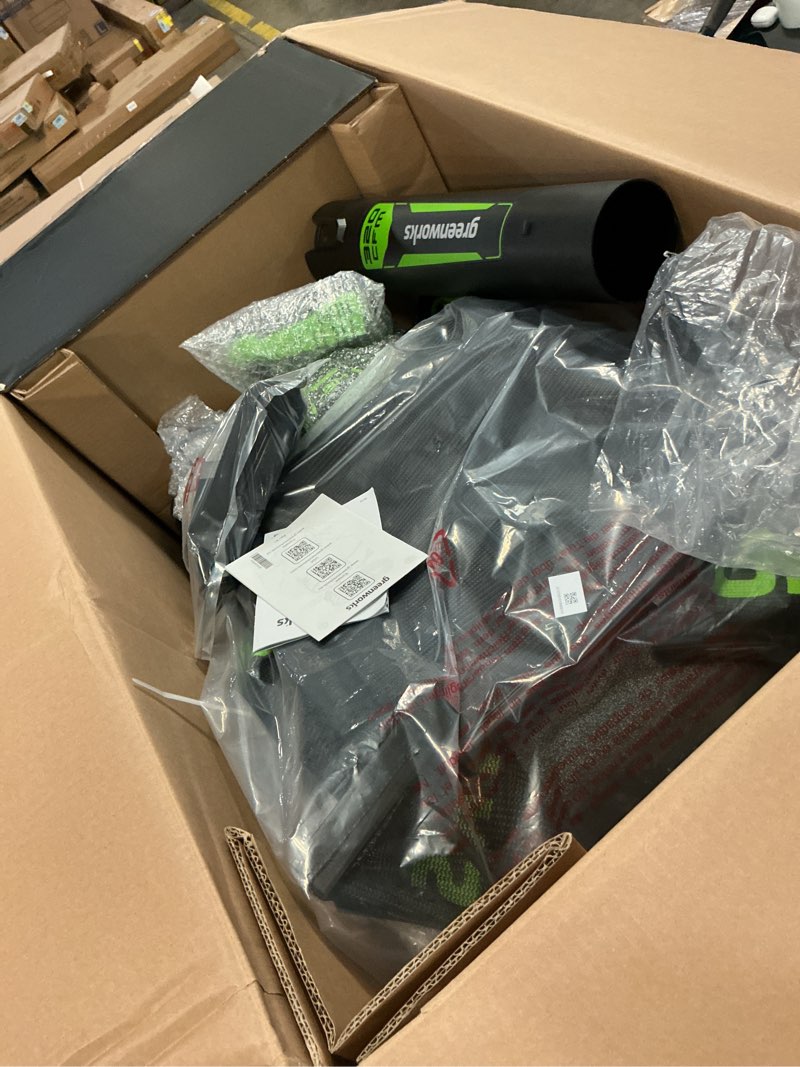 Condition photo showing New/Like New for greenworks 48v (24v x 2) 17" brushless mower+12" string trimmer +320cfm blower,(2) 4.0ah batteries and 2a dual port charger 17" brushless lawn mower with trimmer & blower