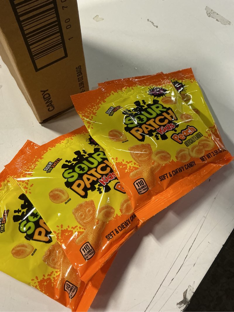Condition photo showing New/Like New for ( best by 11/24/ 2025 ) SOUR PATCH KIDS Peach Soft & Chewy Candy, Bulk Candy, 12 - 3.56 oz Bags