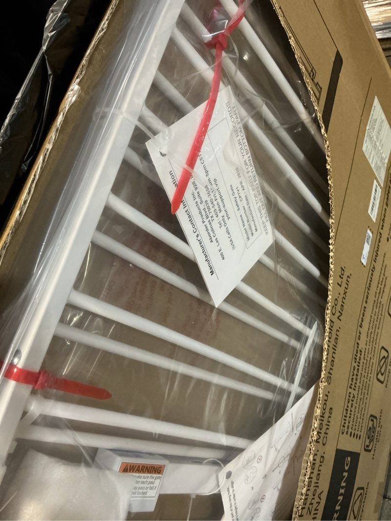 Condition photo showing New/Like New for cumbor 29.2–43" baby gate for stairs, hardware mounted (drill required), expandable no bottom bar dog gate, auto close extra wide walk thru, pet & toddler proof gate, top & bottom of stairways (white) white hardware mounted only (no bottom bar) 29.2"-43" w x 28" h