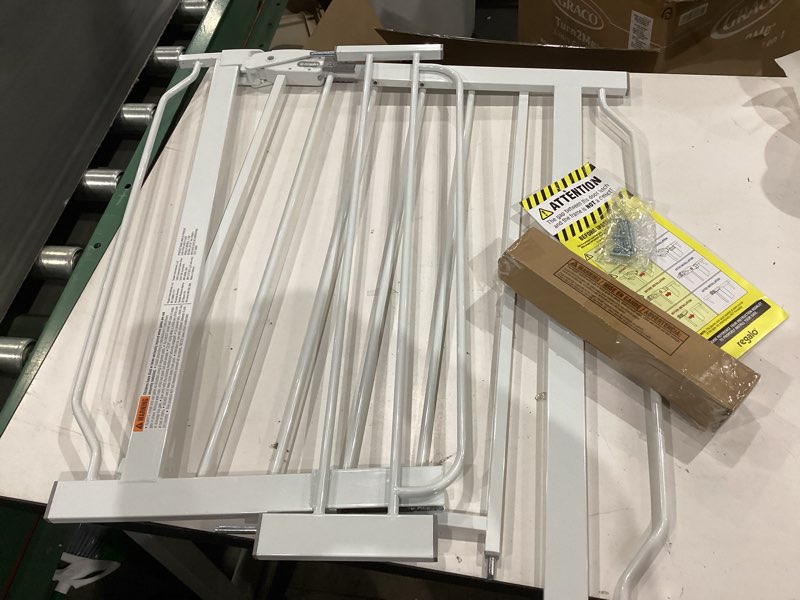 Condition photo showing Good Condition for regalo safety 38" baby gate for doorways & bottom of stairs, pressure mount design for babies, toddlers & pets, tested & safe for 30 years, american designed, american owned, white white 29-38.5"w x 30"h