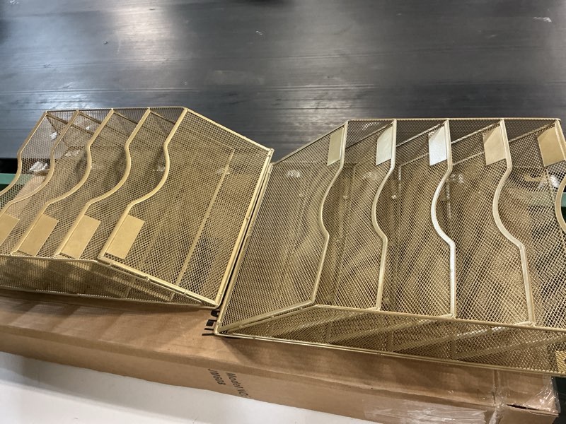 Condition photo showing Good Condition for easypag wall file organizer 10 tier hanging paper folder holder, zero assembly metal mesh wall mounted mail organizer for office home classroom narrow spaces, gold 5 tier gold