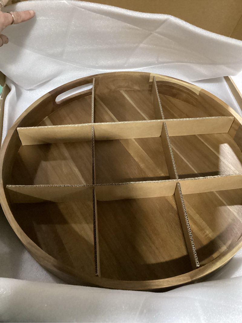 Condition photo showing As Is for Wooden Serving Tray with Handles 22 Inch Extra Large Round Ottoman Tray Acacia Large Wood Trays Ottoman Living Room Wooden Trays 22? Round Tray