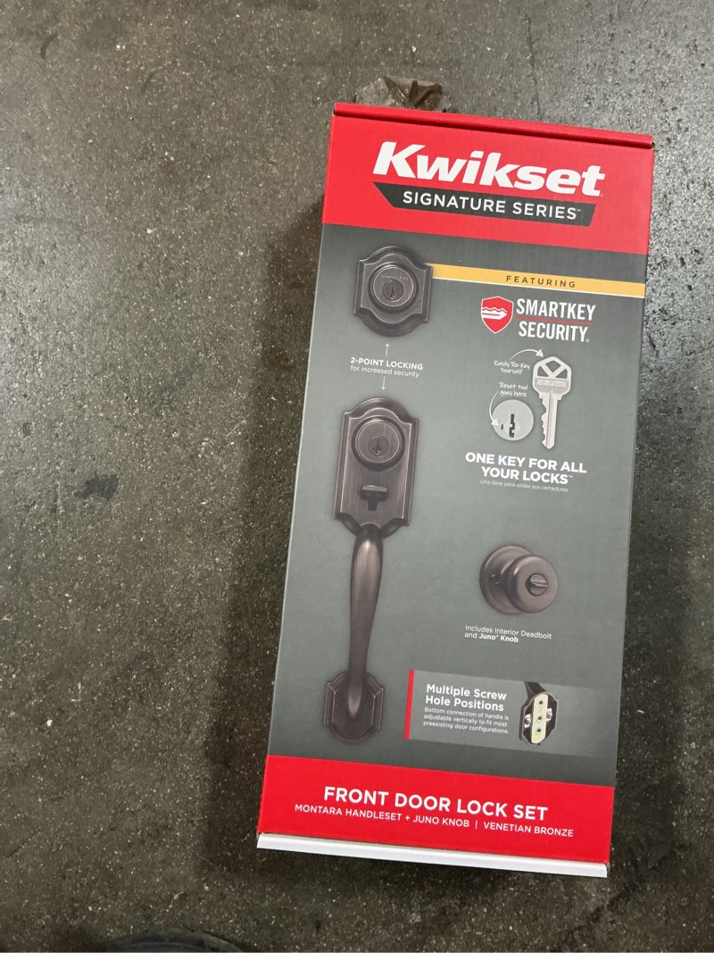 Condition photo showing New/Like New for montara venetian bronze single cylinder keyed entry door handleset with juno interior doorknob ft smartkey security
