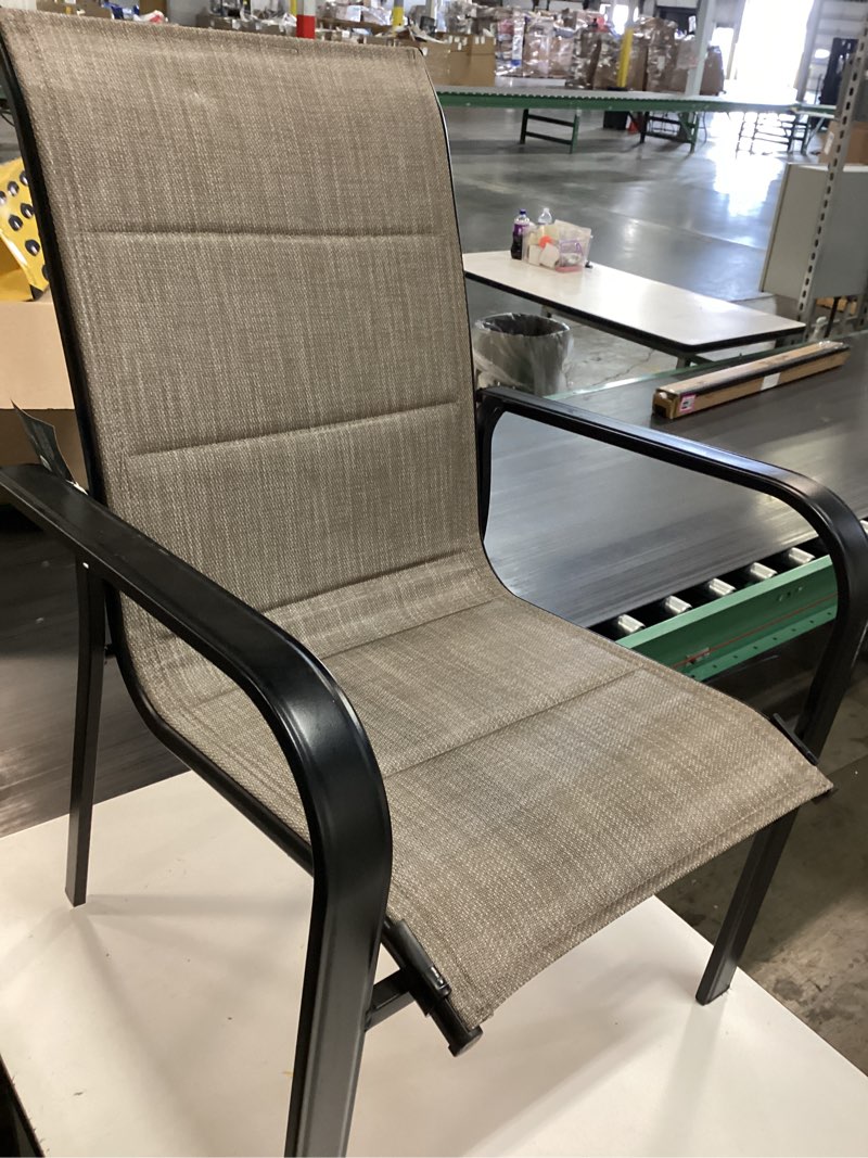 Condition photo showing Good Condition for style selections pelham woven stackable black metal frame stationary dining chair with tan sling seat