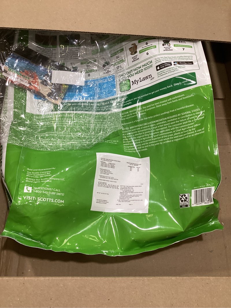 Condition photo showing As Is for scotts turf builder grass seed tall fescue mix - durable to resist harsh conditions, lawn seed, grass fertilizer & soil improver, covers up to 8,000 sq. ft., 32 lb.