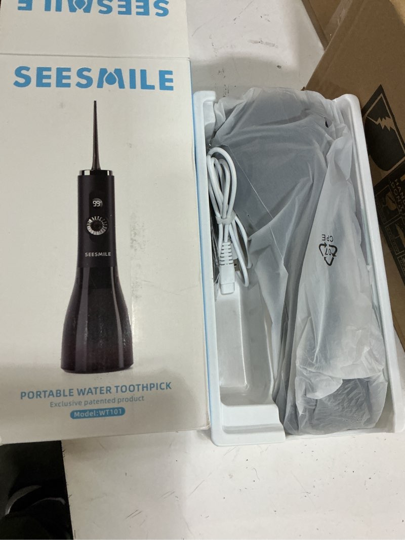 Condition photo showing New/Like New for water flosser teeth picks, 100 power levels (150-psi variable pressure) cordless floss for tooth cleaning and flossing, 300ml capacity electric floss water-pik oral irrigator for adults black