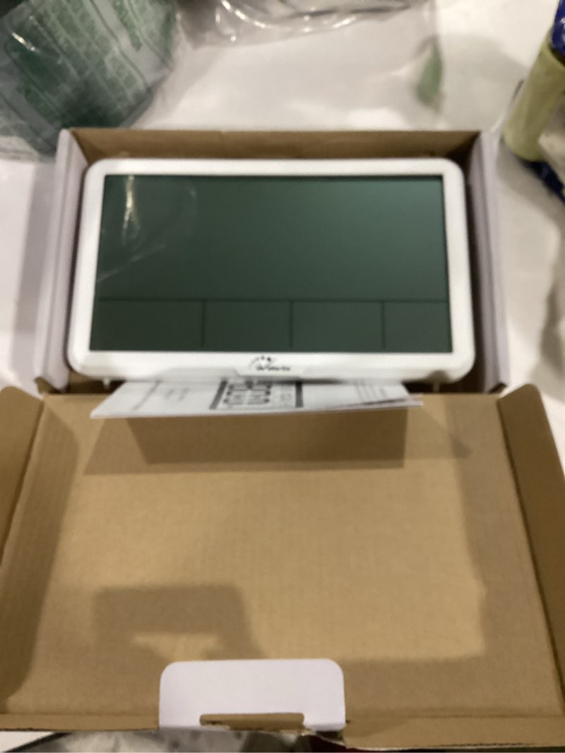 Condition photo showing New/Like New for wallarge auto set digital wall clock battery operated, desk clocks with temperature, humidity and date, large display digital calendar alarm clock for elderly, bedroom, office, 8 time zone, auto dst. white