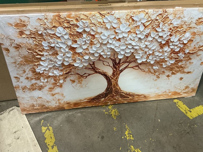 Condition photo showing New/Like New for SERIMINO White Gold Tree of Life Wall Art, Blooming Flower Tree Extra Large Artwork, Abstract Landscape Canvas Art Prints, Modern Oversized Pictures Wall Decor Living Room Office Ready to Hang 29"X57" 57"L x 29"W Wealth Tree