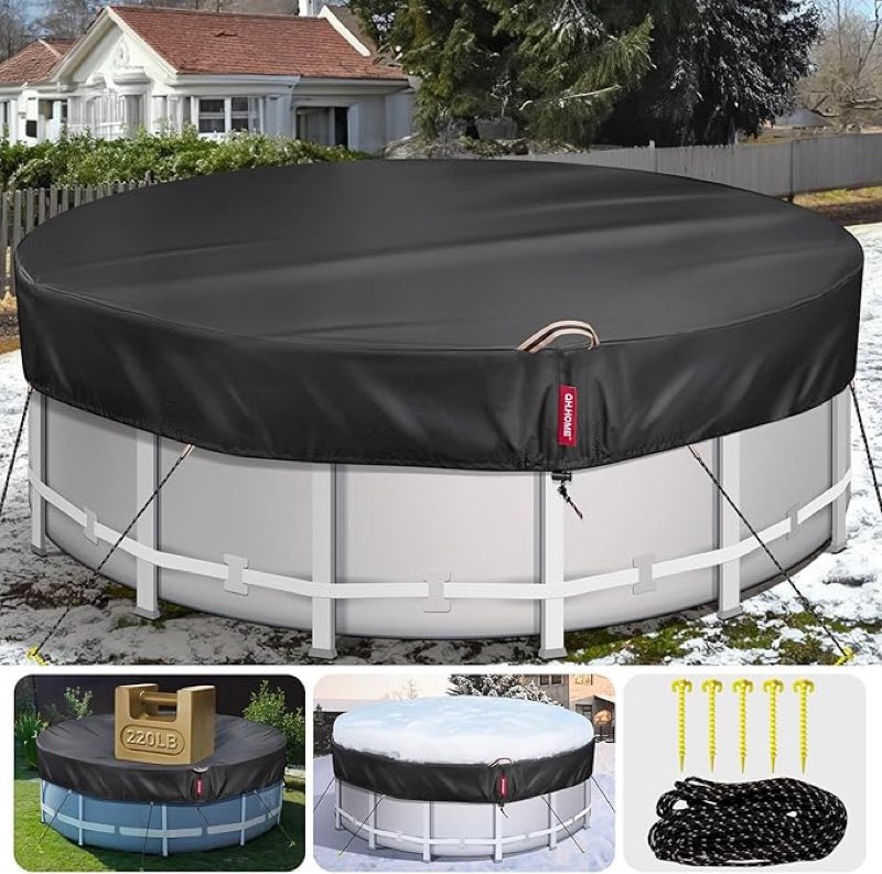 Product used, QH.HOME 18 Ft Round Winter Pool Covers for Above Ground Pools - [634N Strong Tear Resistant & 500D Upgrade Extra Dense Fabric] Solar Swimming Pool Cover with Fade Resistant, Windproof - Black