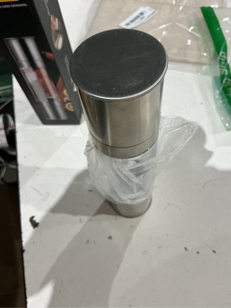 Condition photo showing As Is for 2 in 1 salt and pepper grinder stainless steel manual pepper mill adjustable coarseness ceramic spice grinder dual refillable salt pepper mill shaker for camping travel outdoor home bbq
