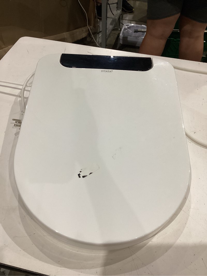 Condition photo showing As Is for electric bidet toilet seat, warm water with air dryer, heated seat and slow close lid, front and rear wash, led nightlight, wireless remote, round, 102d