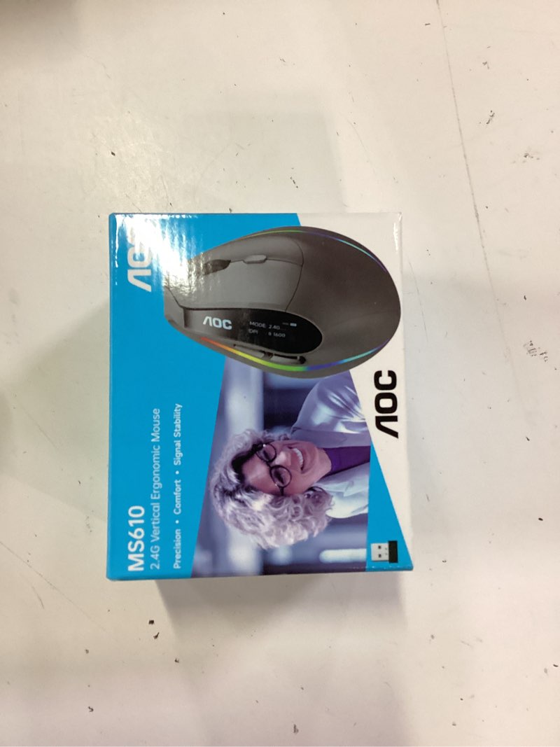 Condition photo showing New/Like New for aoc 2.4ghz ergonomic mouse, wireless bluetooth vertical mouse for work, 4800 dpi optical tracking, 5 adjustable dpi, quiet clicks, rgb light, compatible with computer, laptop, pc, mac, desktop - gray
