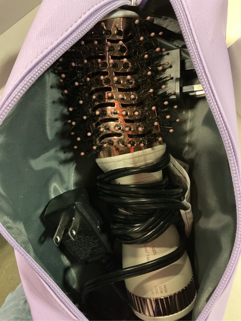 Condition photo showing As Is for travel dual voltage hair dryer brush 4-in-1 portable mini hot air blow dryer straightener & curler brush, titanium round blowout styler volumizer tools, 110/240v us/eu/uk plug for international travel nacre white & rosé gold