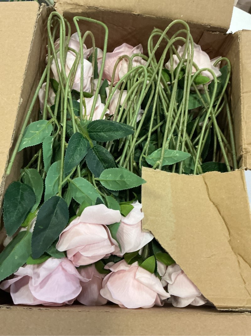 Condition photo showing Good Condition for 50 pcs roses artificial flowers, fake roses with stem realistic blush silk rose for diy wedding bouquets table centerpieces arrangements baby shower birthday home decor valentines day gift for her