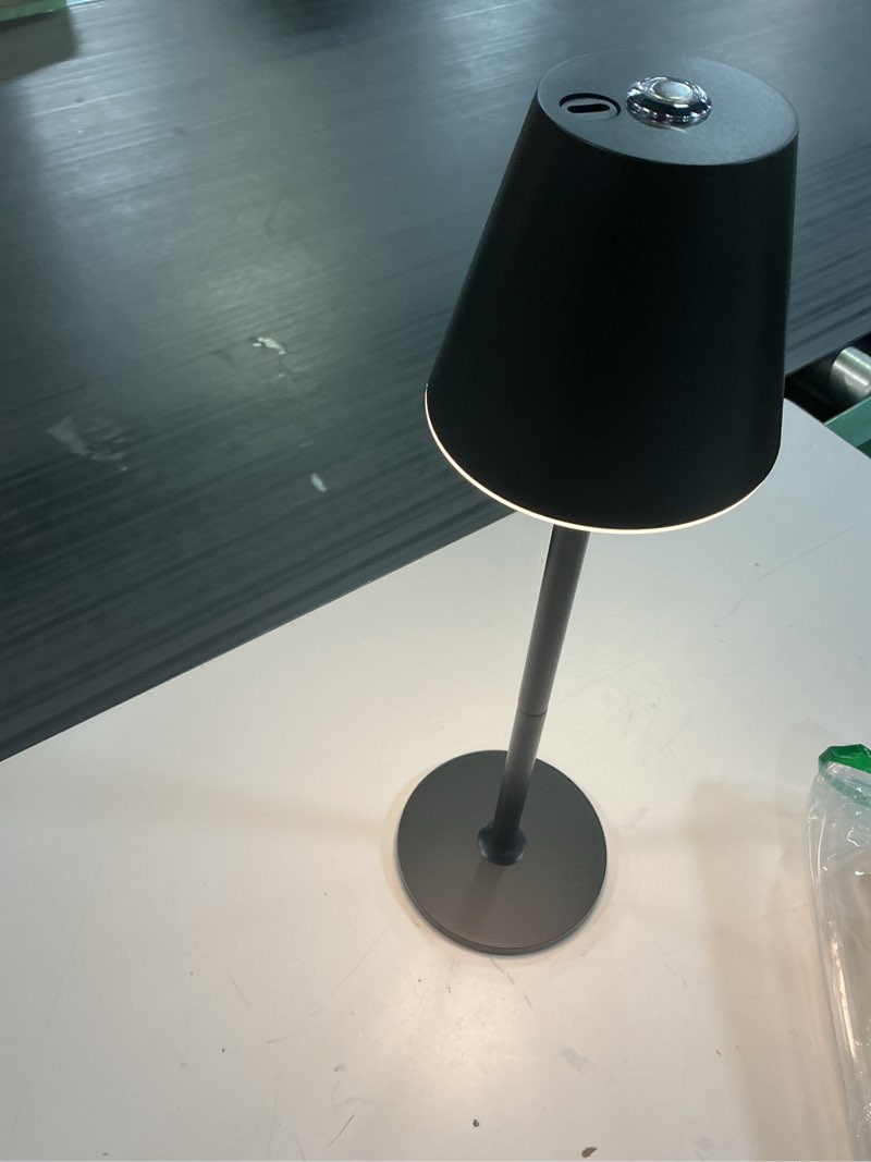Condition photo showing As Is for timjorman modern led cordless table lamp, 4000mah rechargeable battery, 3 level brightness night light, metal shell, minimalist design, for couples dinner/coffee table/restaurant/bedroom, black